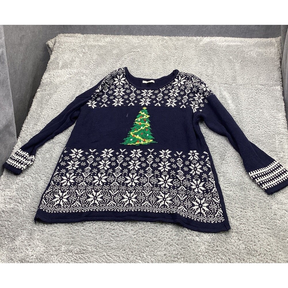 Woman Within Women's 1X 22/24 Navy Blue Christmas Tree Snowflake Knit Sweater
